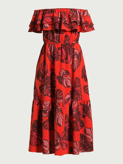 Sofia Vergara Womens Ruffle Off Shoulder Maxi Dress Paradise Palm Print Size L