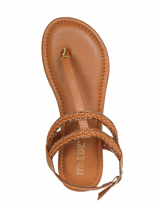 Fifth & Luxe Womens Rhinestone Braided T-Strap Flat Sandals Cognac Size 11