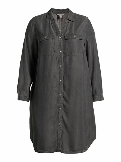 Terra & Sky Womens Plus Size Shirtdress Long Sleeves Black Denim Wash Size 2X