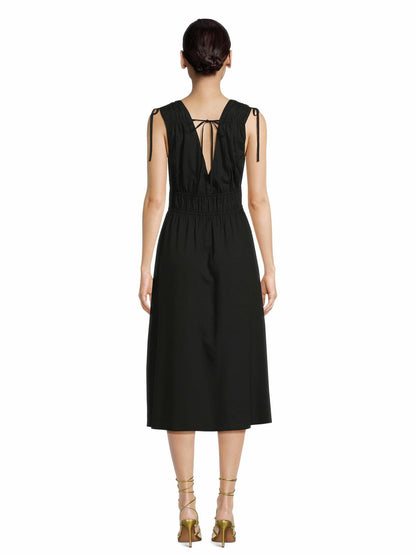 Time and Tru Womens V Neck Smocked Midi Dress Black Soot Size XL (16-18)