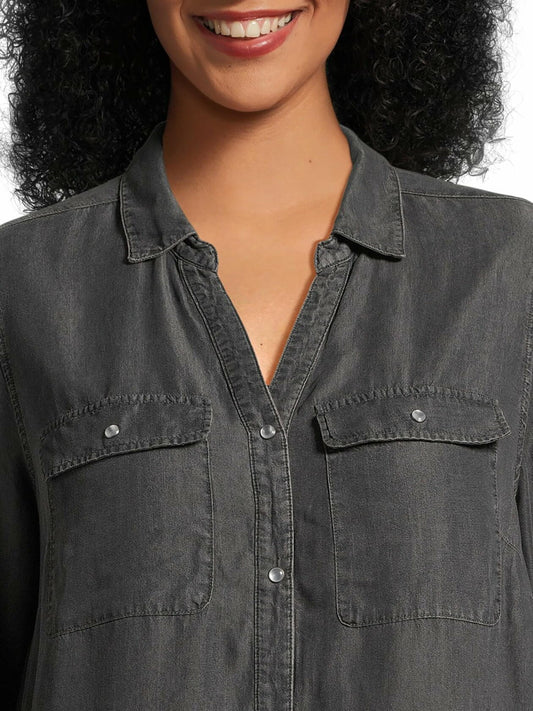 Terra & Sky Womens Plus Size Shirtdress Long Sleeves Black Denim Wash Size 2X
