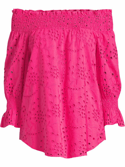 The Pioneer Woman Cotton Off the Shoulder Smocked Eyelet Blouse Beetroot Size M