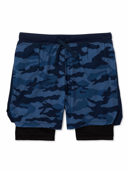 Athletic Works Boys Active Mixed Media Shorts Blue Camo Size L (10-12)
