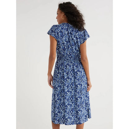 Time And Tru Women Smocked Waist Midi Dress Pockets Relaxed Navy Ditsy Size M