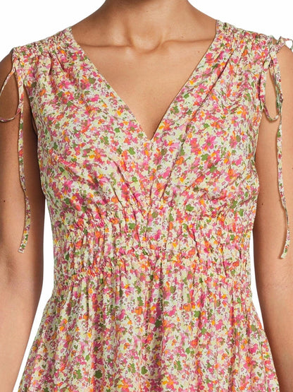 Time and Tru Womens V Neck Smocked Midi Dress Ditsy Blush Size M