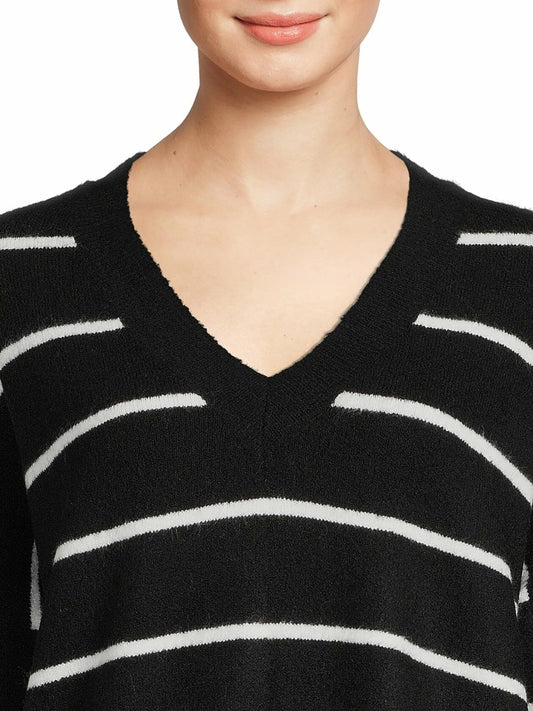 Dreamers by Debut Womens Oversized V-Neck Sweater Black and White Stripe Size XL