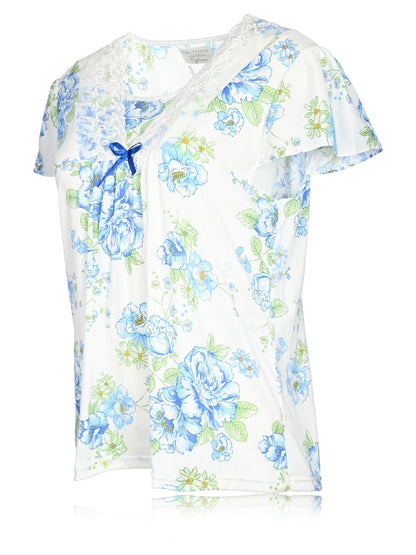 JEFFRICO Pajamas Set Sleepwear Sleepshirt With Capri Pants Blue Floral Size L