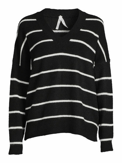 Dreamers by Debut Womens Oversized V-Neck Sweater Black and White Stripe Size XL