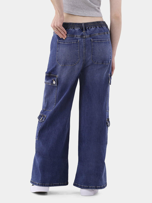 No Boundaries Women Baggy Cargo Jeans 32 Inseam Dark Wash Size S (4-6)