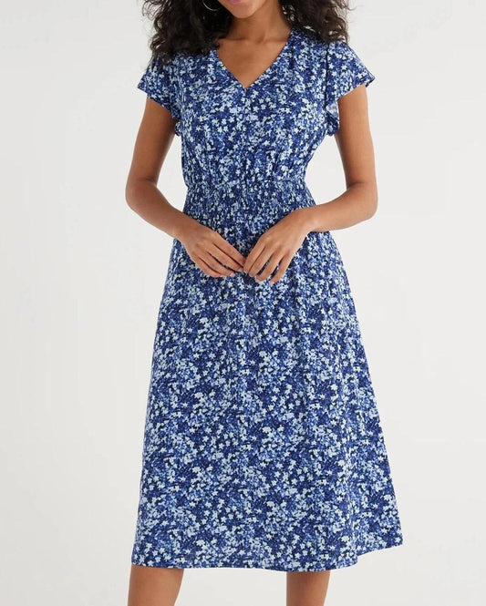 Time And Tru Women Smocked Waist Midi Dress Pockets Relaxed Navy Ditsy Size M