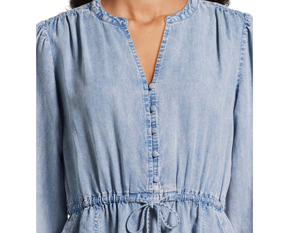 Time and Tru Womens Button Front Drawstring Waist Dress Light Blue Size M