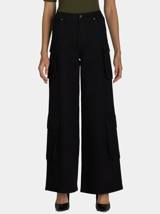 Madden NYC Womens Wide Leg Cargo Jeans with Rhinestone Accents Black Beauty Sz L