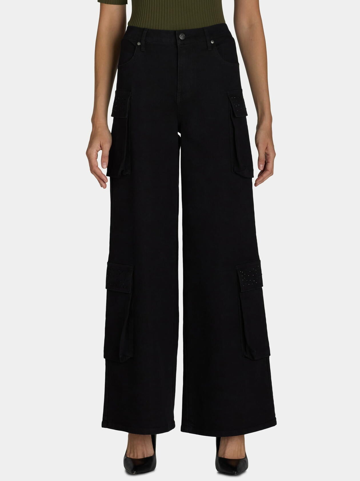 Madden NYC Womens Wide Leg Cargo Jeans with Rhinestone Accents Black Beauty Sz L