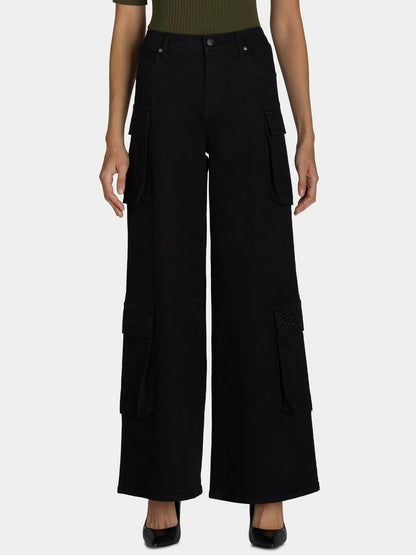 Madden NYC Womens Wide Leg Cargo Jeans with Rhinestone Accents Black Beauty Sz L