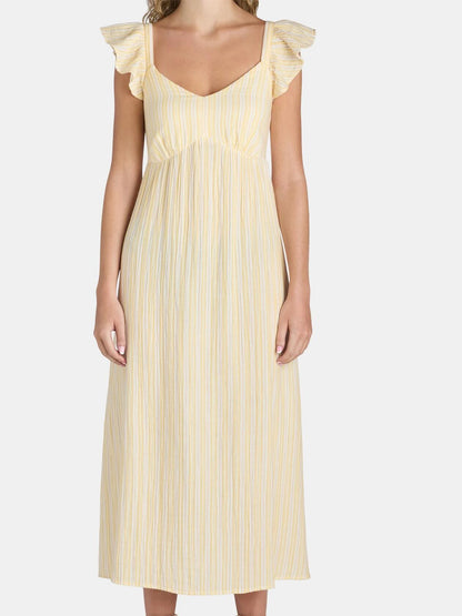 Time And Tru Womens Midi Dress with Flutter Sleeves Yellow Stripe Size XL