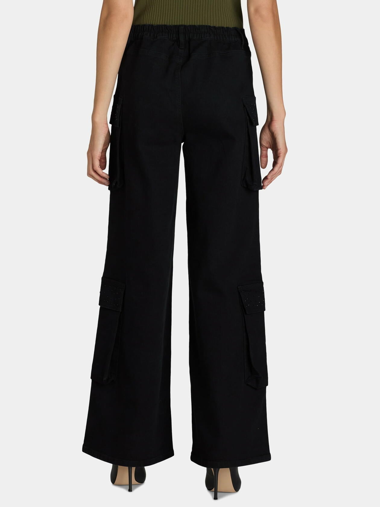 Madden NYC Womens Wide Leg Cargo Jeans with Rhinestone Accents Black Beauty Sz L