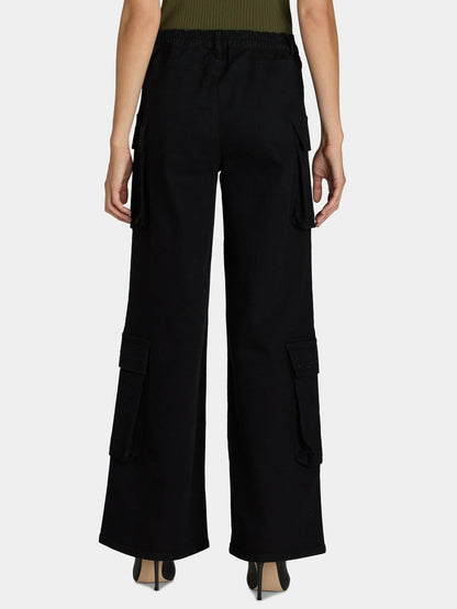 Madden NYC Womens Wide Leg Cargo Jeans with Rhinestone Accents Black Beauty Sz L