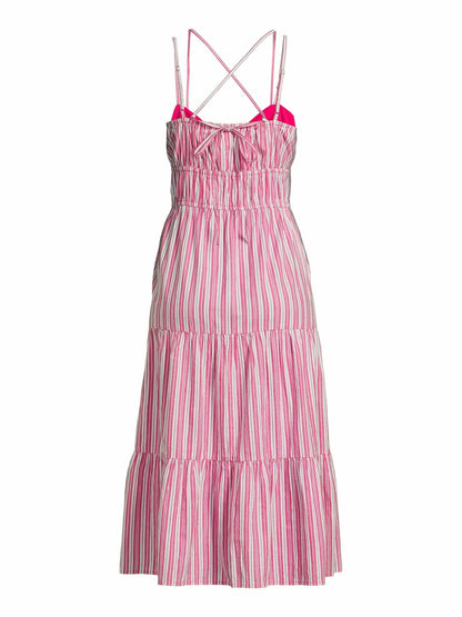 Time and Tru Womens Cross Back Dress with Tiered Skirt Smokin Hot Pink Size S