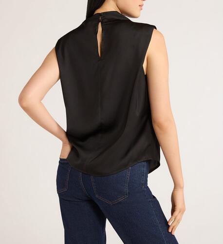 Scoop Womens Sleeveless Mock Neck Pleated Shoulder Blouse