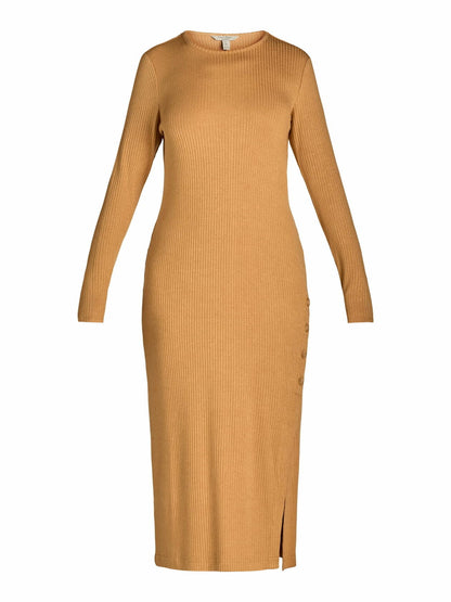 Nine.Eight Womens Ribbed Knit Midi Dress with Long Sleeves Camel Size S