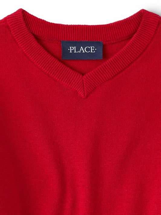 The Childrens Place Boys Long Sleeve Solid V-Neck Sweater Classic Red Size L