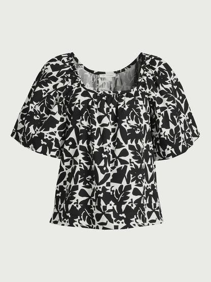 Free Assembly Womens Square Neck Top with Short Sleeves Black Soot Geo Size L