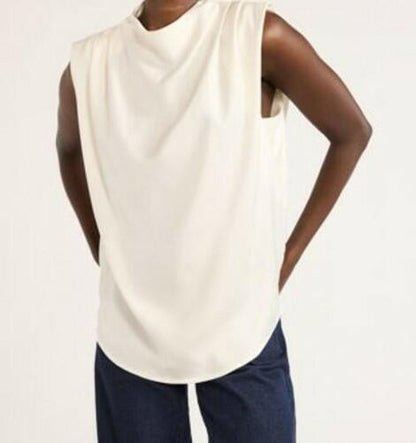 Scoop Womens Sleeveless Mock Neck Pleated Shoulder Blouse