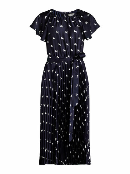Free Assembly Pleated Midi Dress Flutter Sleeves Darkest Navy Horse Size XL