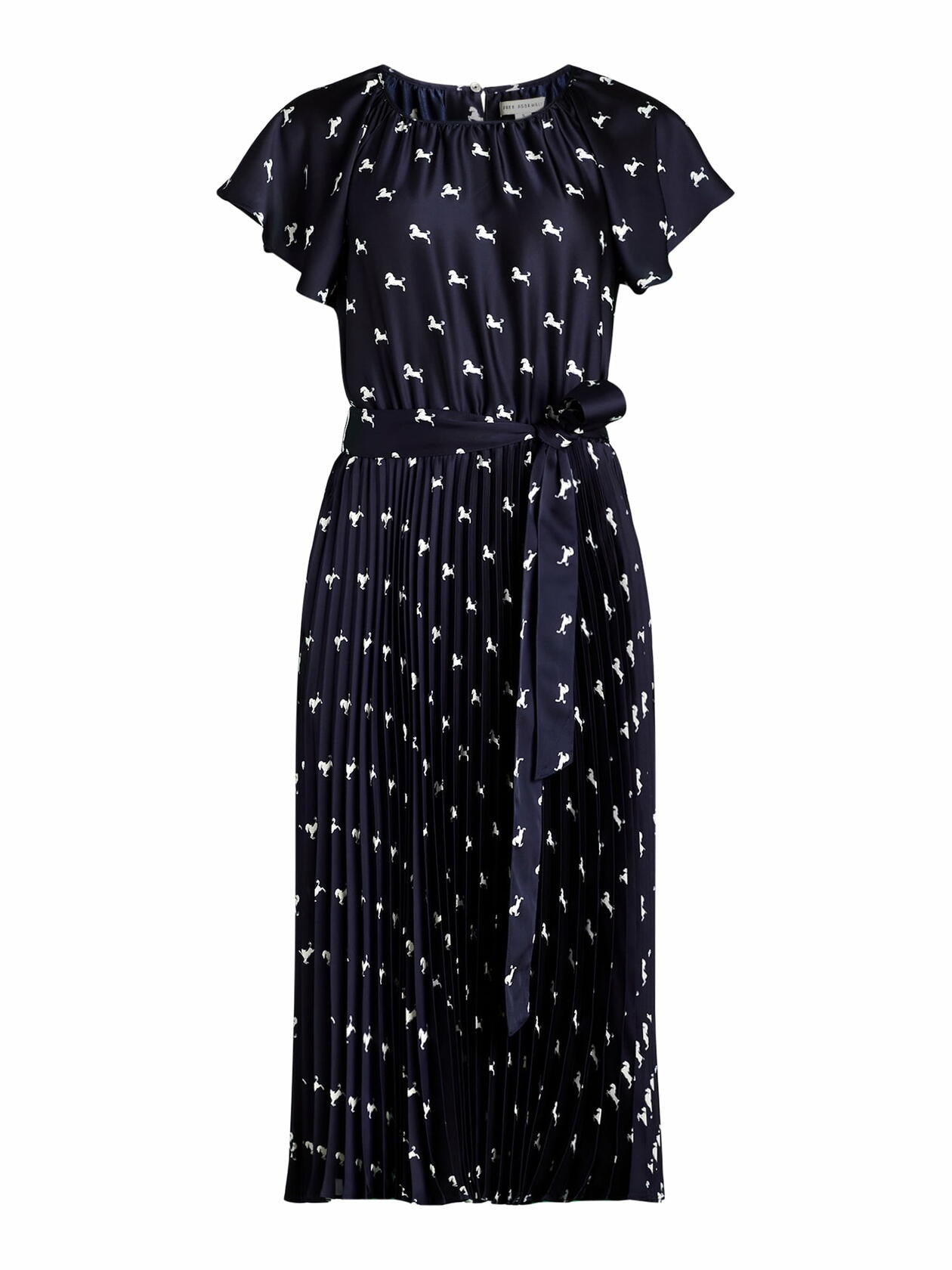 Free Assembly Pleated Midi Dress Flutter Sleeves Darkest Navy Horse Size XL