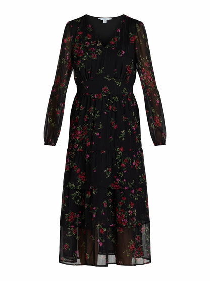 Time and Tru Womens Print Dress with Long Sleeves Black Soot Ditsy Size S