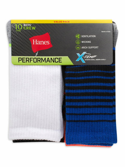 Hanes Boys X-Temp Perf Crew Sock 10-Pack Arch Support Assorted Size S (4.5-8.5)