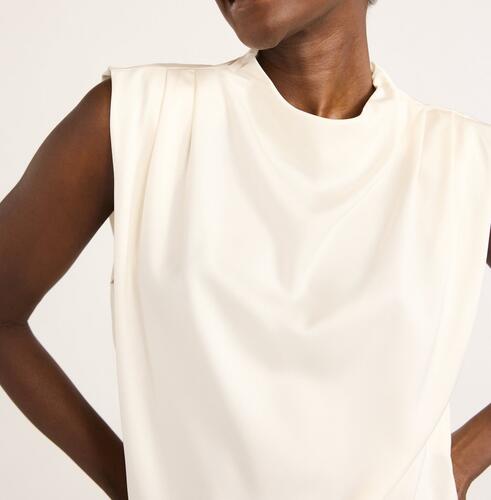 Scoop Womens Sleeveless Mock Neck Pleated Shoulder Blouse