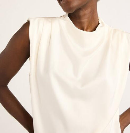 Scoop Womens Sleeveless Mock Neck Pleated Shoulder Blouse