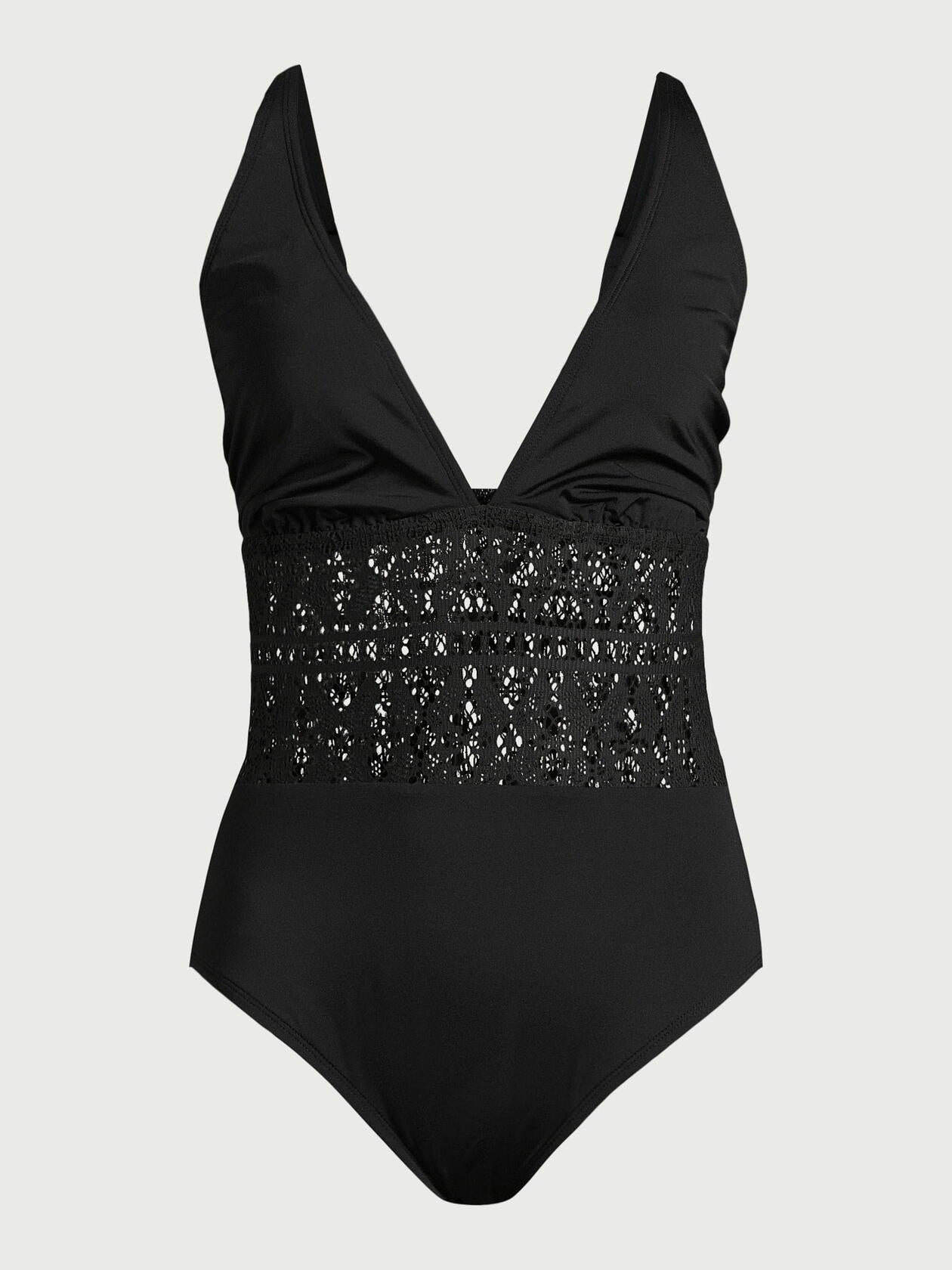 Time and Tru Womens Crochet Plunge One Piece Swimsuit Black Size M