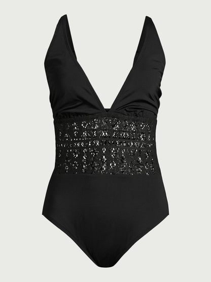 Time and Tru Womens Crochet Plunge One Piece Swimsuit Black Size M