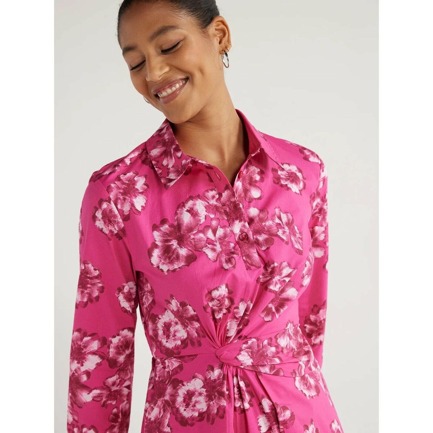 Scoop Midi Shirtdress Womens Size XL (16-18) Pink Tossed Floral Side Knot