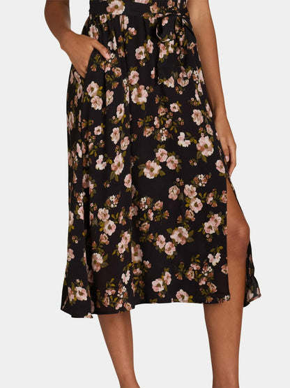 Time and Tru Womens Ruffle Neck Midi Dress Black Floral Size M (8-10)
