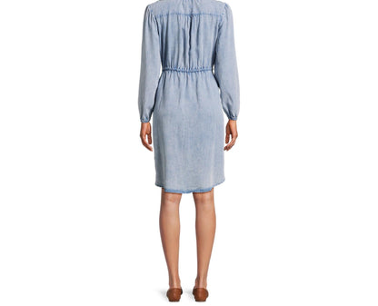 Time and Tru Womens Button Front Drawstring Waist Dress Light Blue Size M
