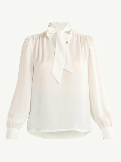 Free Assembly Womens Bow Tie Blouse with Long Sleeves Cream 100 Size M