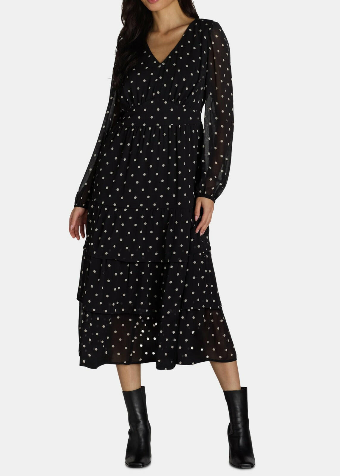 Time and Tru Womens Print Dress with Long Sleeves Black Soot Dot Size XXL