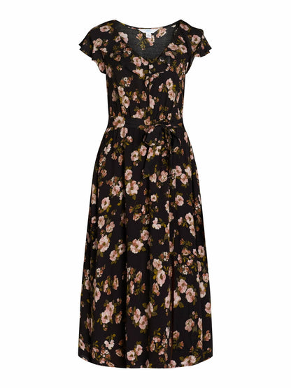 Time and Tru Womens Ruffle Neck Midi Dress Black Floral Size M (8-10)