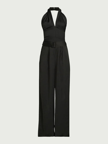 Scoop Womens Wrap Halter Satin Jumpsuit with Wide Leg 32” Inseam Black Size XS