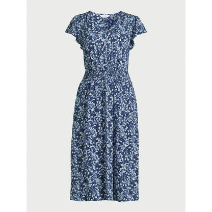 Time And Tru Women Smocked Waist Midi Dress Pockets Relaxed Navy Ditsy Size M