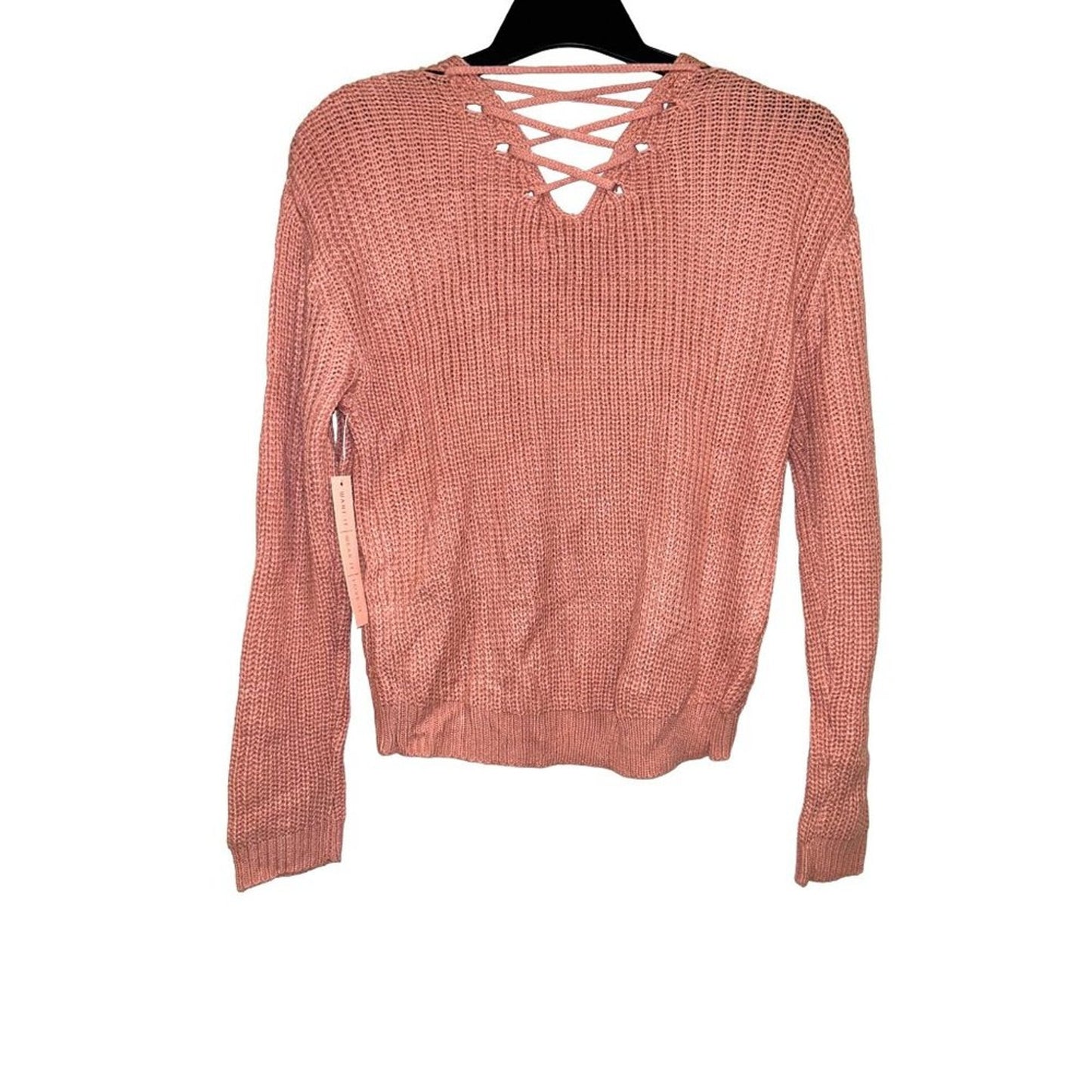 Crave Fame Womens Lace Up Back Cable Long Sleeve Sweater Coral Pink Size M