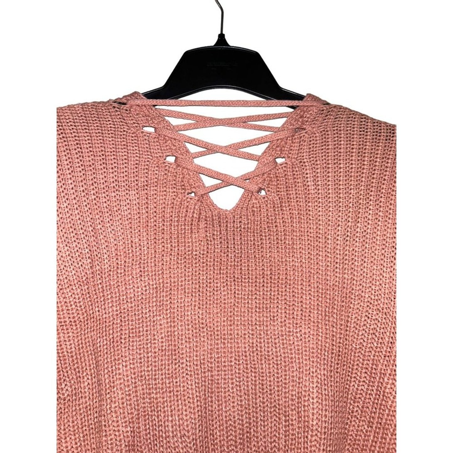 Crave Fame Womens Lace Up Back Cable Long Sleeve Sweater Coral Pink Size M