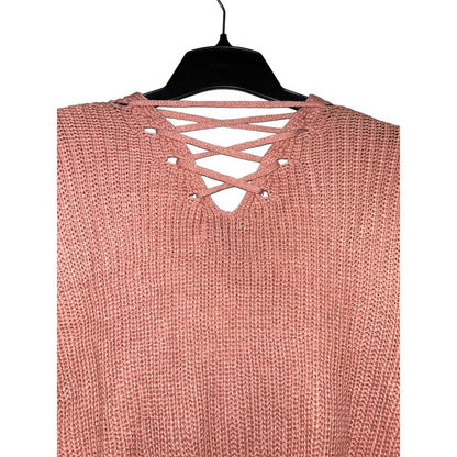 Crave Fame Womens Lace Up Back Cable Long Sleeve Sweater Coral Pink Size M