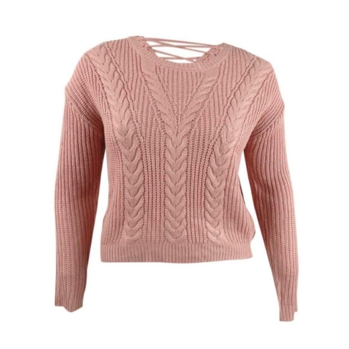 Crave Fame Womens Lace Up Back Cable Long Sleeve Sweater Coral Pink Size M