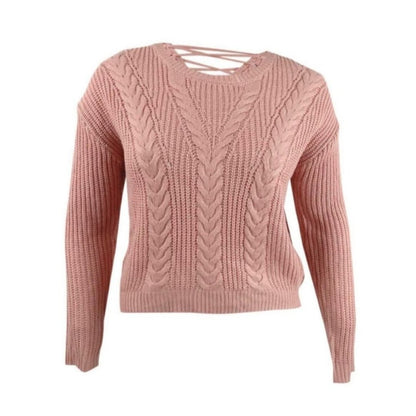 Crave Fame Womens Lace Up Back Cable Long Sleeve Sweater Coral Pink Size M