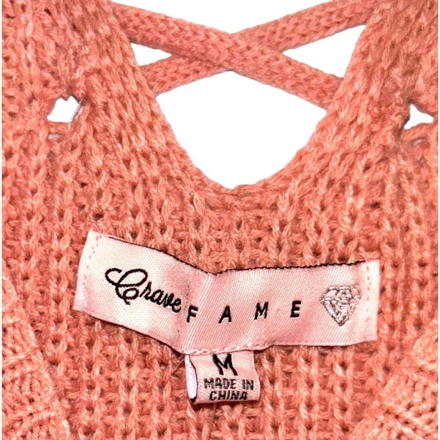 Crave Fame Womens Lace Up Back Cable Long Sleeve Sweater Coral Pink Size M