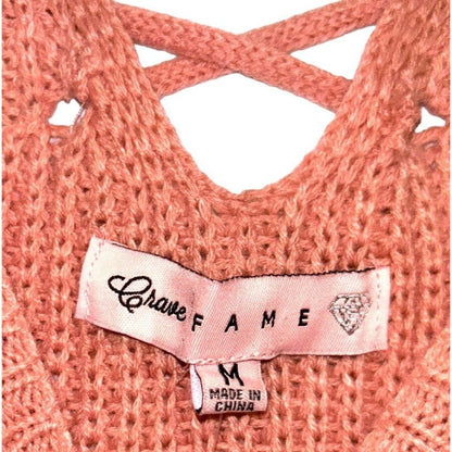 Crave Fame Womens Lace Up Back Cable Long Sleeve Sweater Coral Pink Size M
